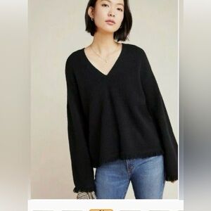 Anthropologie NWT Joy Fringe Alpaca Blend V-Neck Sweater Black